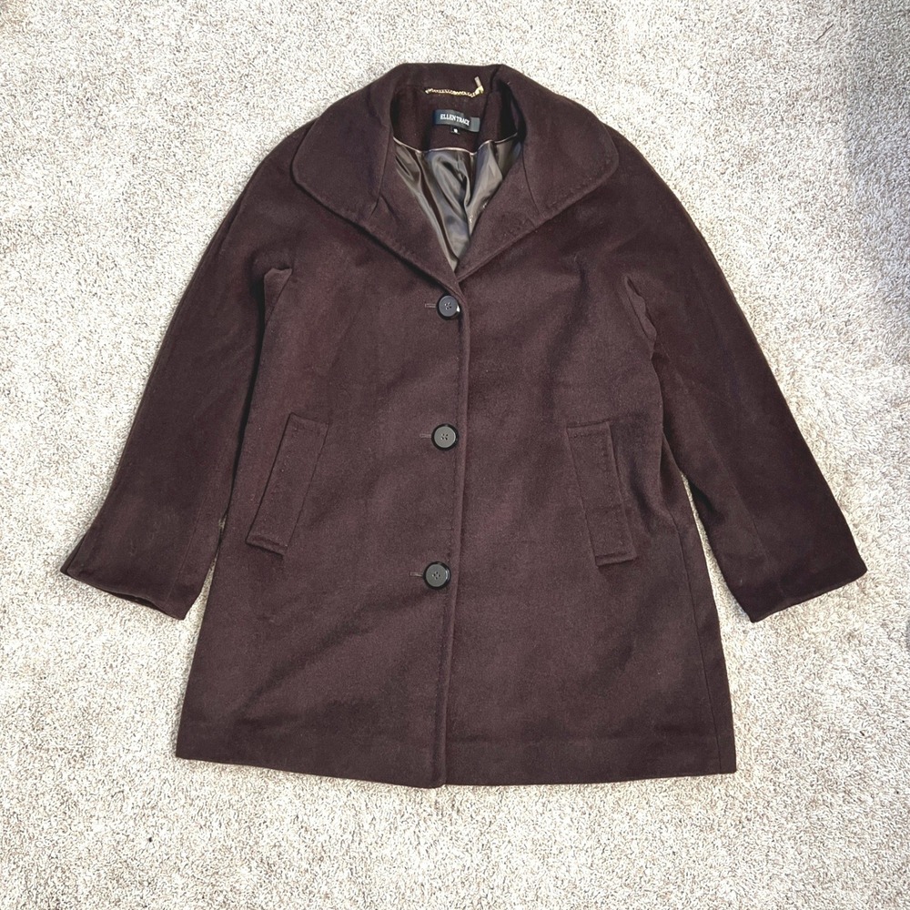 Ellen Tracy Car Coat Women 10 Chocolate Brown Wool Angora Quiet Luxury Peacoat